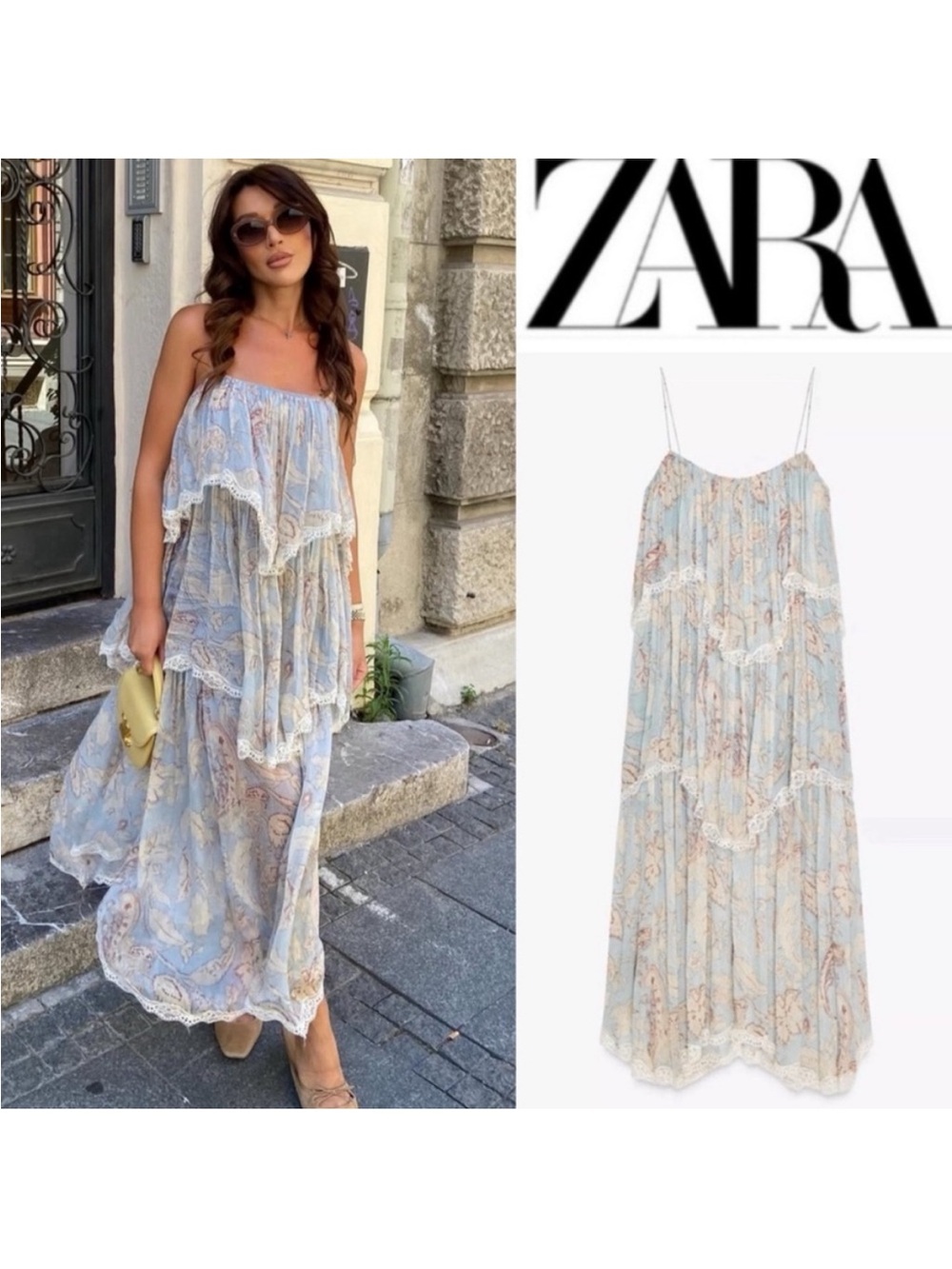 ZARA Pale Blue Paisley Lace-Trim Maxi Dress M boho